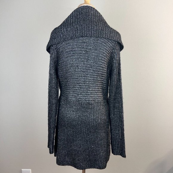 Cache Cardigan Sweater Medium Black Silver Metallic Knit Belted Shawl Collar New - Picture 7 of 14